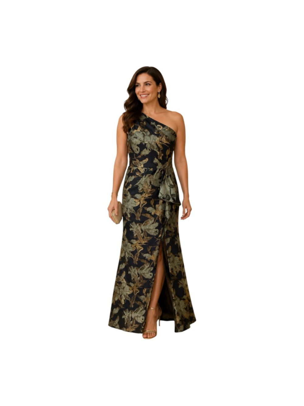 Adrianna Papell One Shoulder Jacquard Gown Blue Gold Metallic Floral Dress Size
